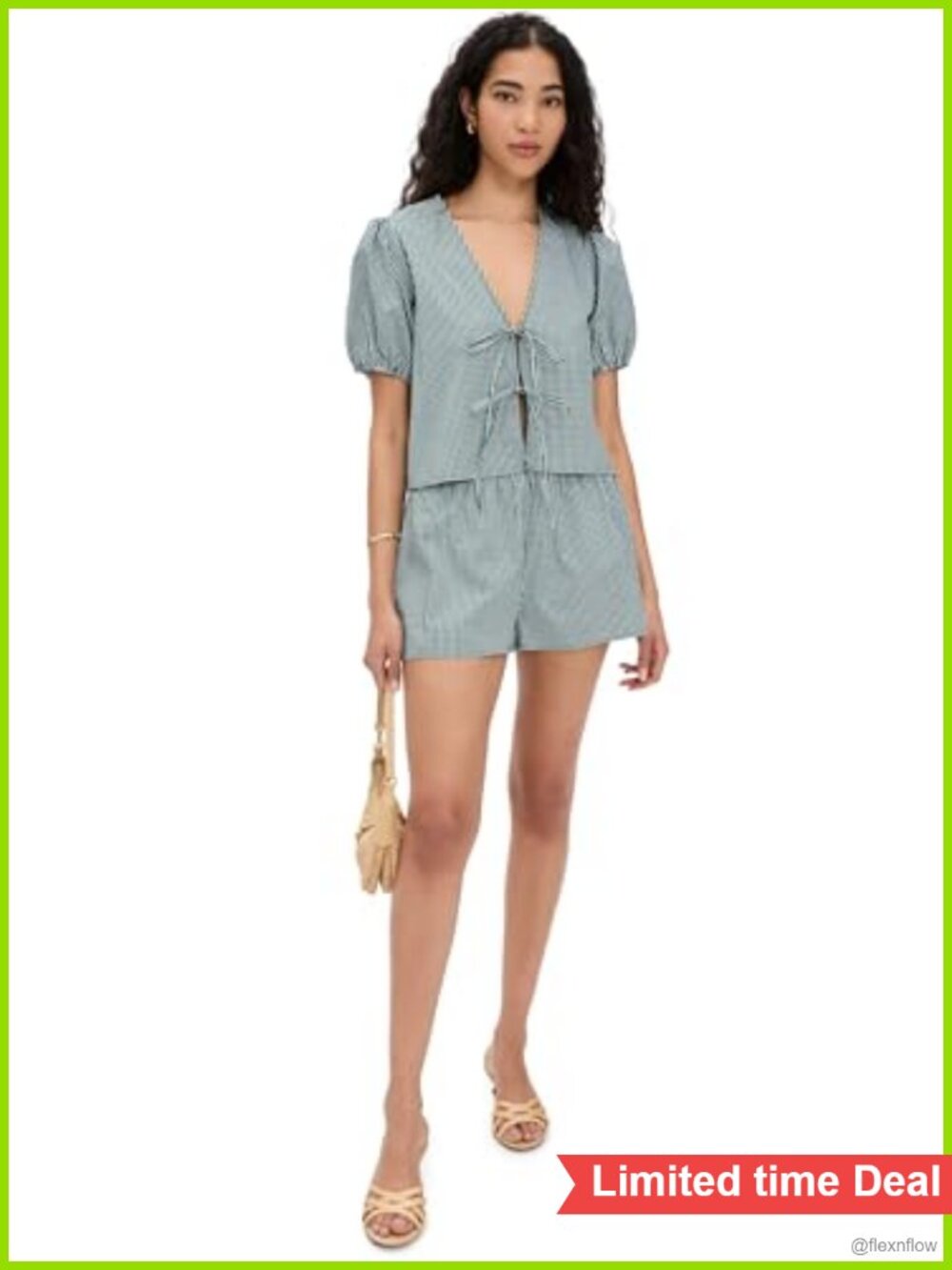 Women's 2-Piece Gingham Pant Set Cotton V-Neck Short Sleeve Relaxed Fit